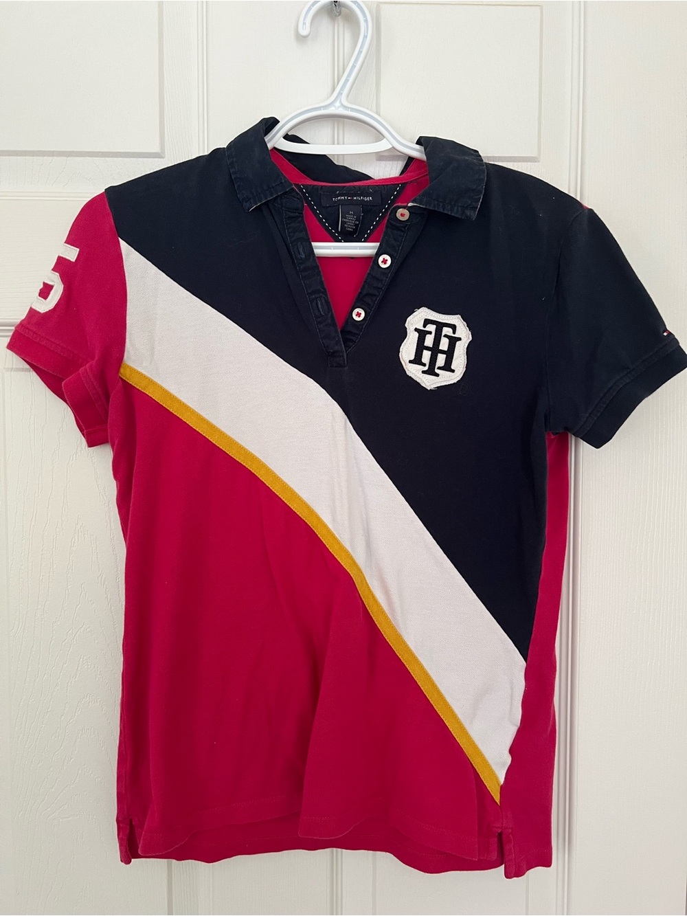 Colorblock Polo Shirt in Black & Pink with Crest